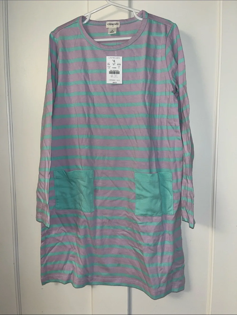 Crewcuts Mint and Lavender Striped Long-Sleeve Pocket Dress